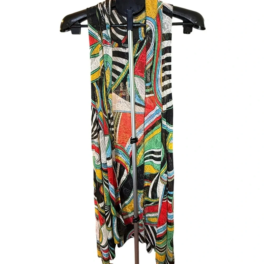 Lior Paris Womens Abstract Geometric Mesh Lace Duster Vest Multi-Color S/M